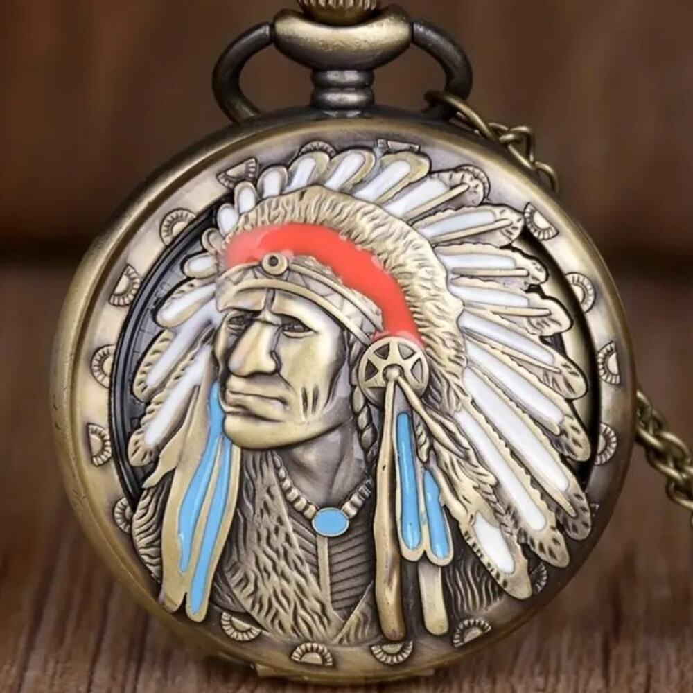 Native American Indian Pocket Watch Chief Headdress Turquoise Bronze Gift NEW